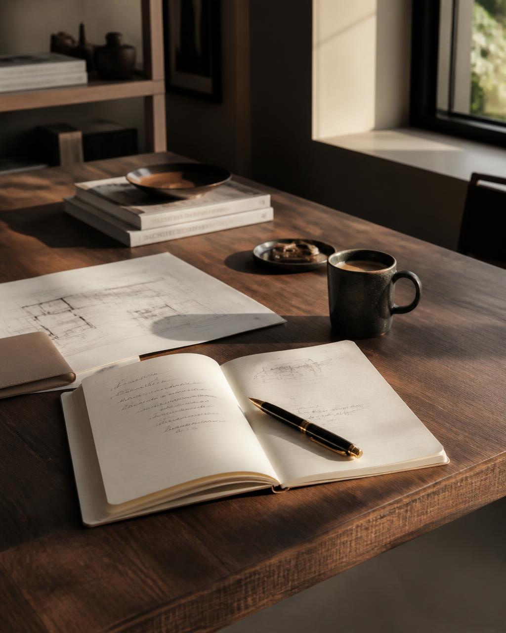 Mesa de trabalho com caderno aberto, caneta e plano impresso