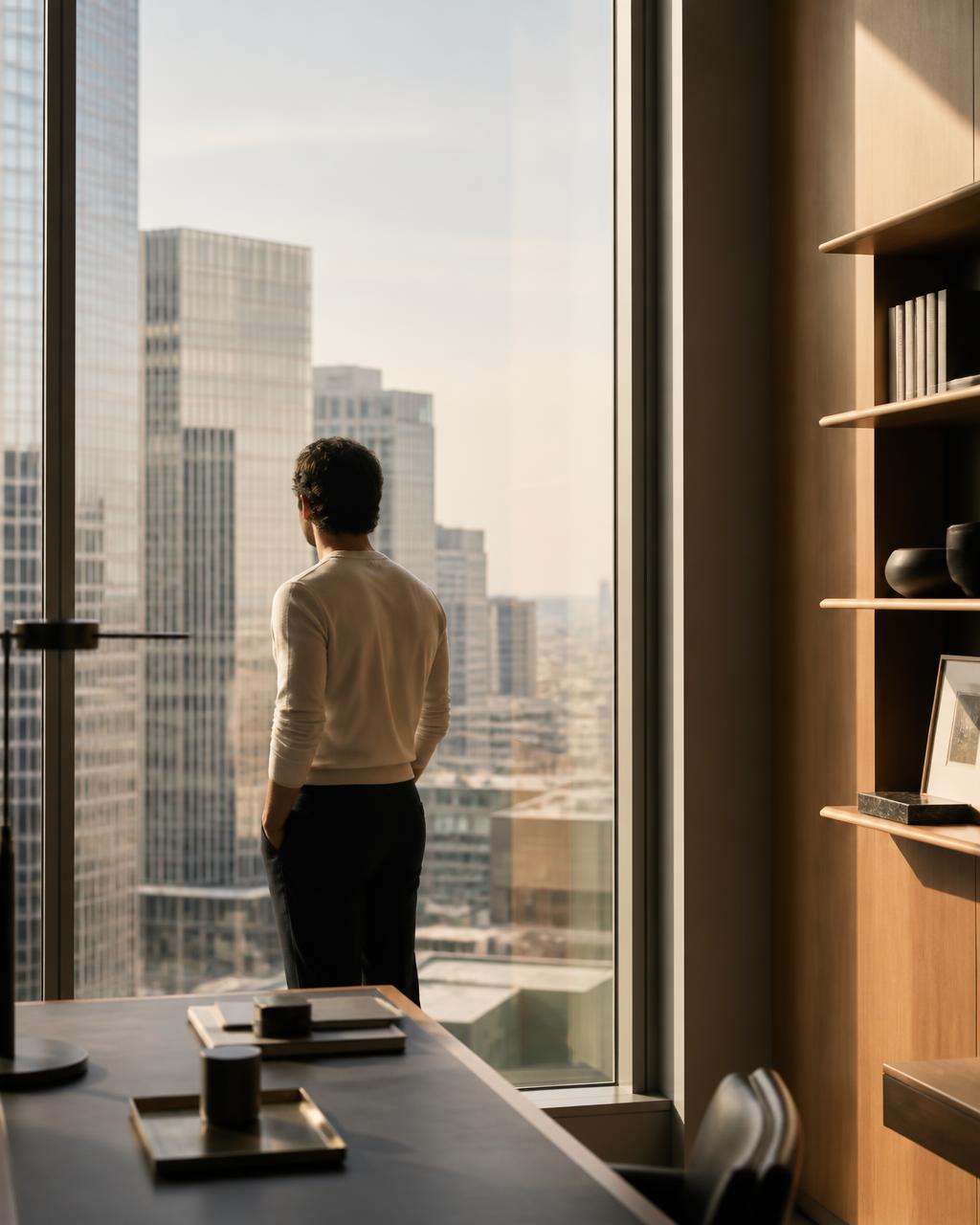 Profissional observando a cidade pela janela de um escritório